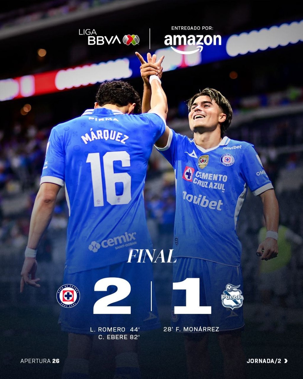 CRUZ AZUL SIGUE INVICTO de la mano de HUIQUI, DERROTAN 2-1 al PUEBLA en la Jornada 2 del&nbsp;A26