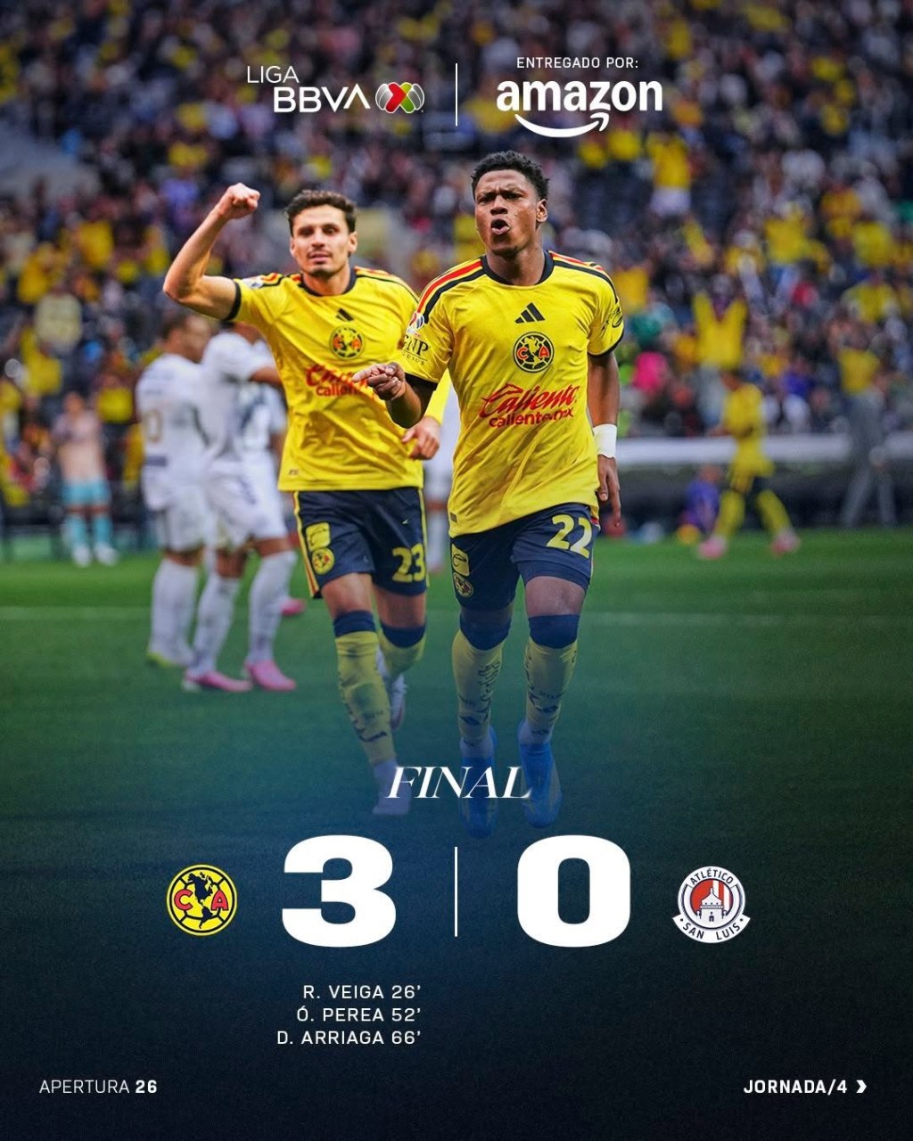 AMÉRICA VENCE 3-0 al ATLÉTICO DE SAN LUIS y es LÍDER del Apertura 2026 de la Liga MX en la FECHA&nbsp;4