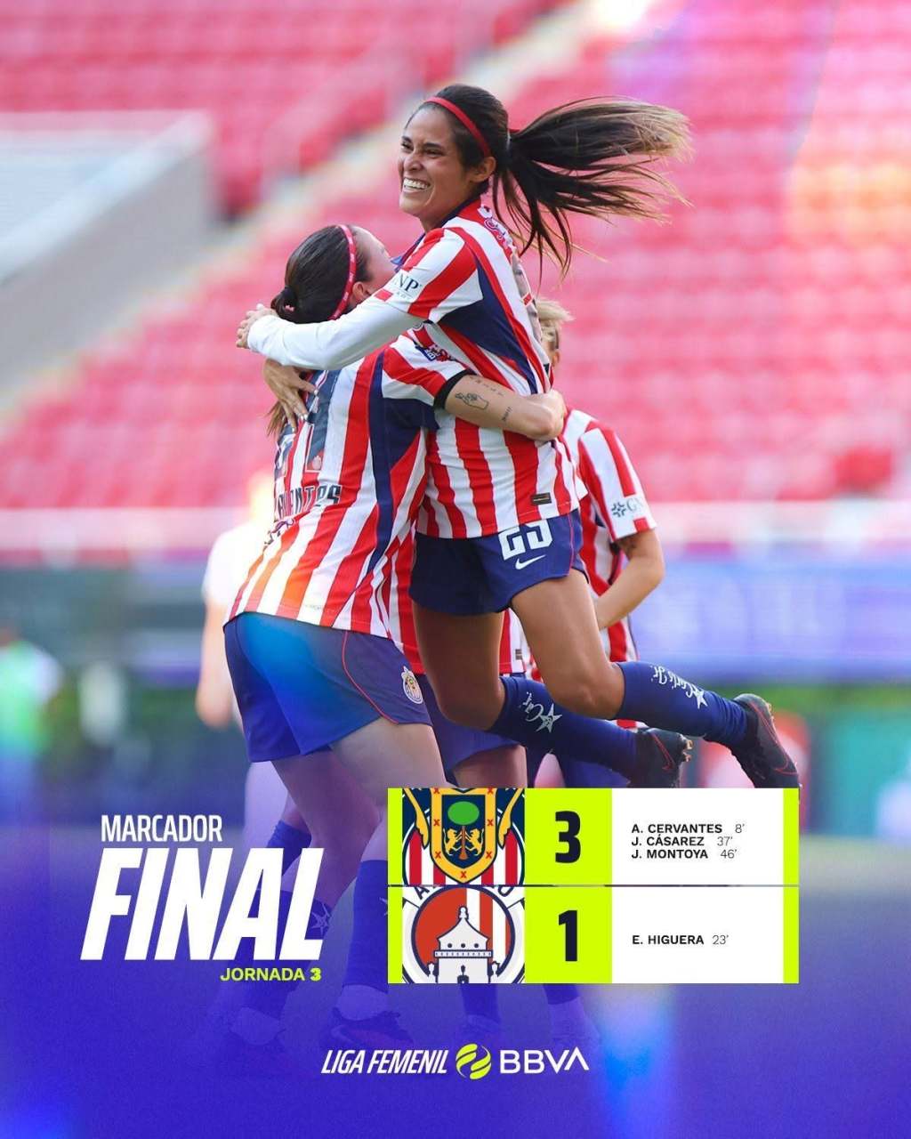 CHIVAS FEMENIL sigue con PASO PERFECTO tras VENCER 3-1 al ATLÉTICO de SAN LUIS FEMENIL en la Fecha&nbsp;3