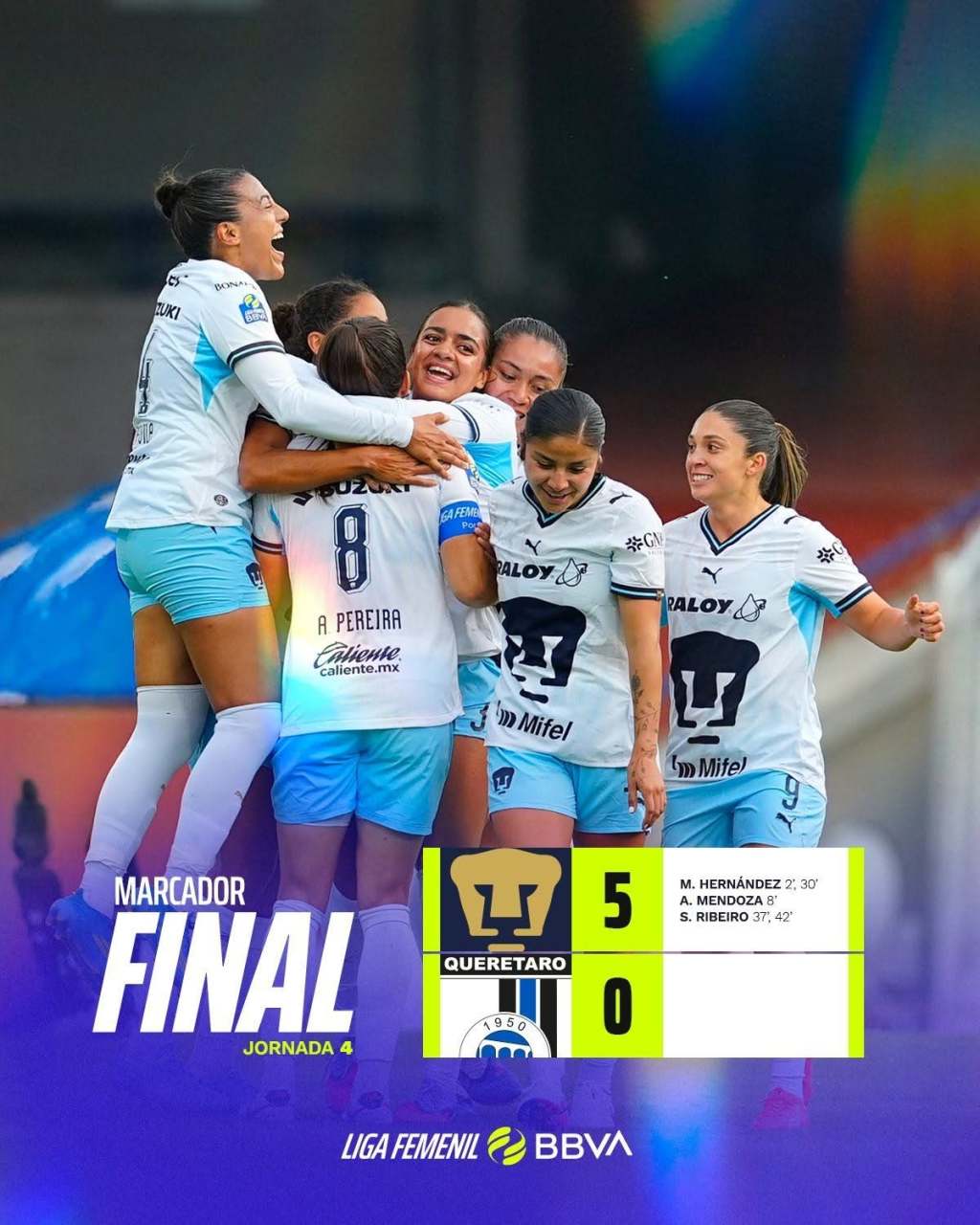 PUMAS FEMENIL GANA, GUSTA y GOLEA 5-0 a GALLOS FEMENIL en la Fecha 4 del&nbsp;A26