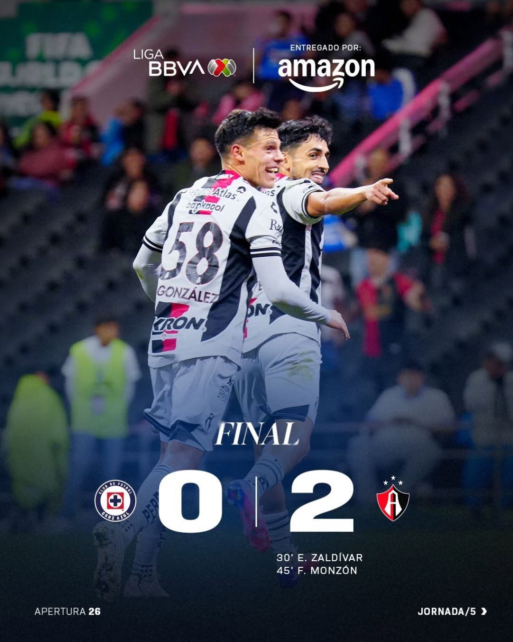 CRUZ AZUL cae 0-2 ante ATLAS en la Fecha 5 del Apertura 2026 de la Liga&nbsp;MX