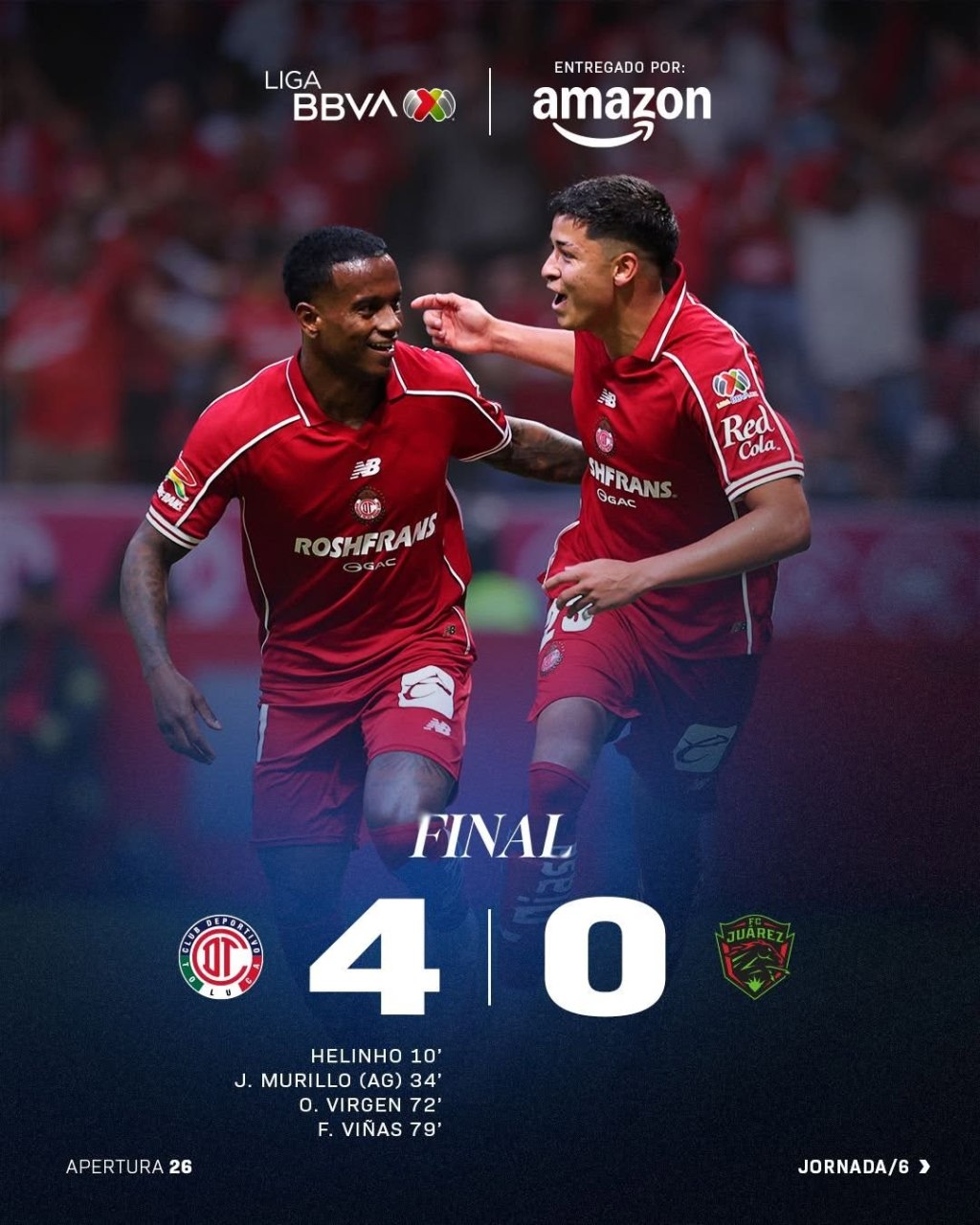 TOLUCA GOLEA 4-0 a JUÁREZ en la Jornada 6 del A26 de la LIGA&nbsp;MX