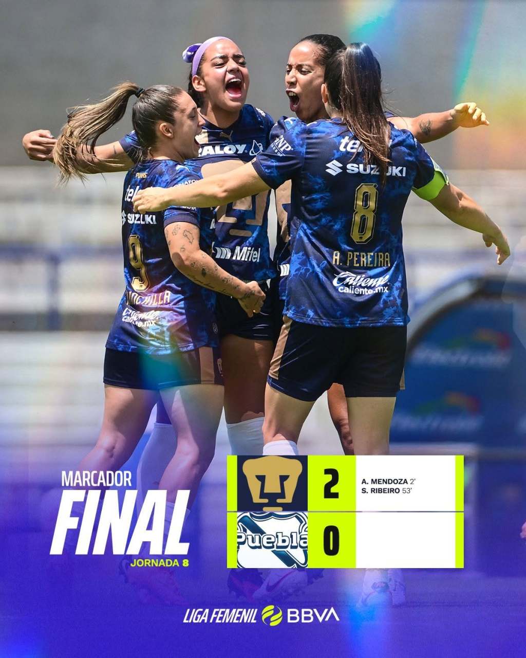 PUMAS FEMENIL vuelve a la VICTORIA, tras VENCER 2-0 al PUEBLA en la Fecha 8 del&nbsp;A26