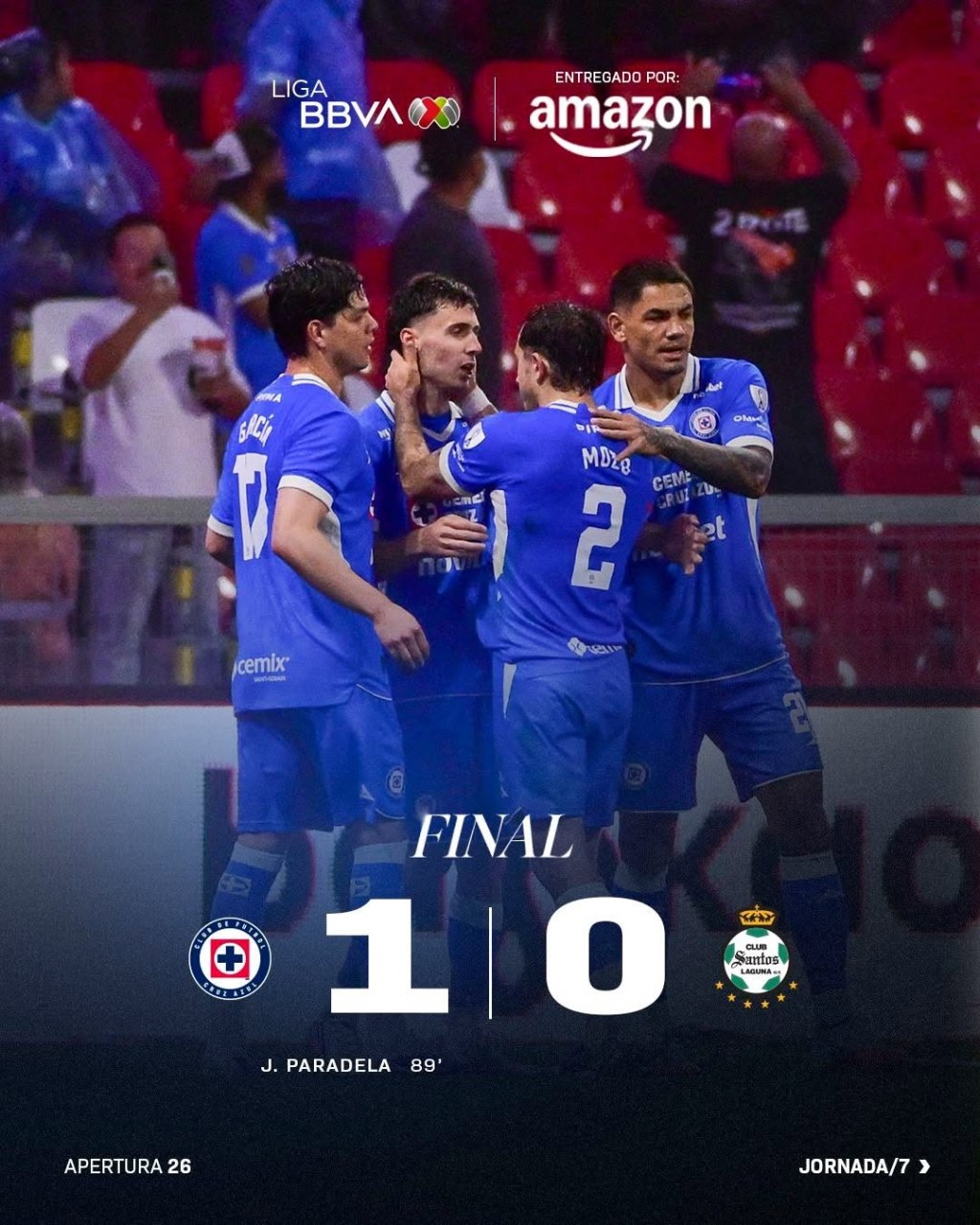 CRUZ AZUL pone a SANTOS de cabeza, tras vencerlo 1-0 en la Jornada 7 del Apertura 2026 de la Liga&nbsp;MX