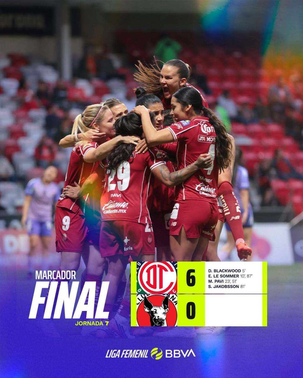 TOLUCA FEMENIL APLASTA 6-0 a XOLOS en la Jornada 7 del A26 de la LIGA FEMENIL&nbsp;BBVA