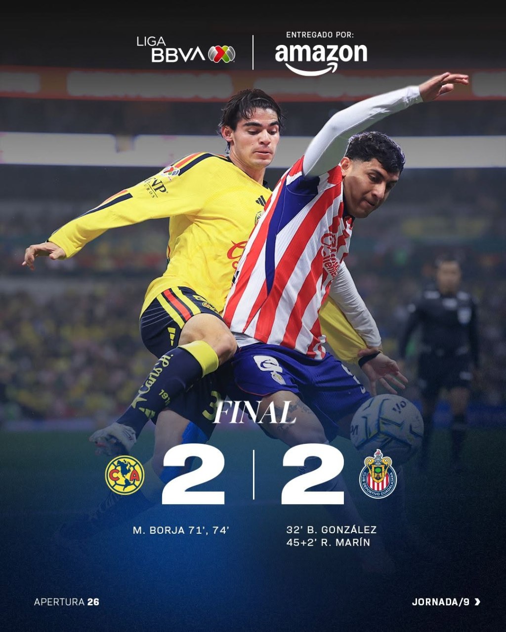 VIBRANTE EMPATE de 2-2 entre AMÉRICA y CHIVAS en el CLÁSICO NACIONAL de la Jornada 9 del&nbsp;A26