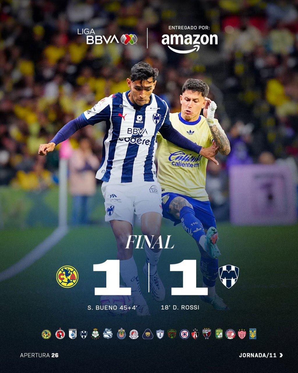 AGRIDULCE EMPATE entre AMÉRICA y RAYADOS en el 110 ANIVERSARIO de las AGUILAS en la Fecha 11 del A26