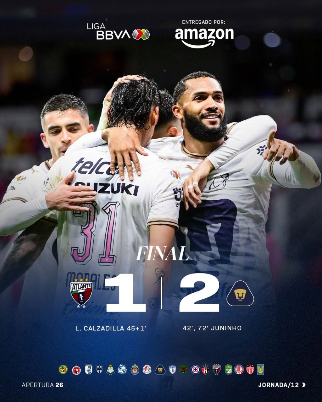 PUMAS VIVE TRAS DERROTAR 1-2 al ATLANTE en la Jornada 12 del A26 de la Liga&nbsp;MX
