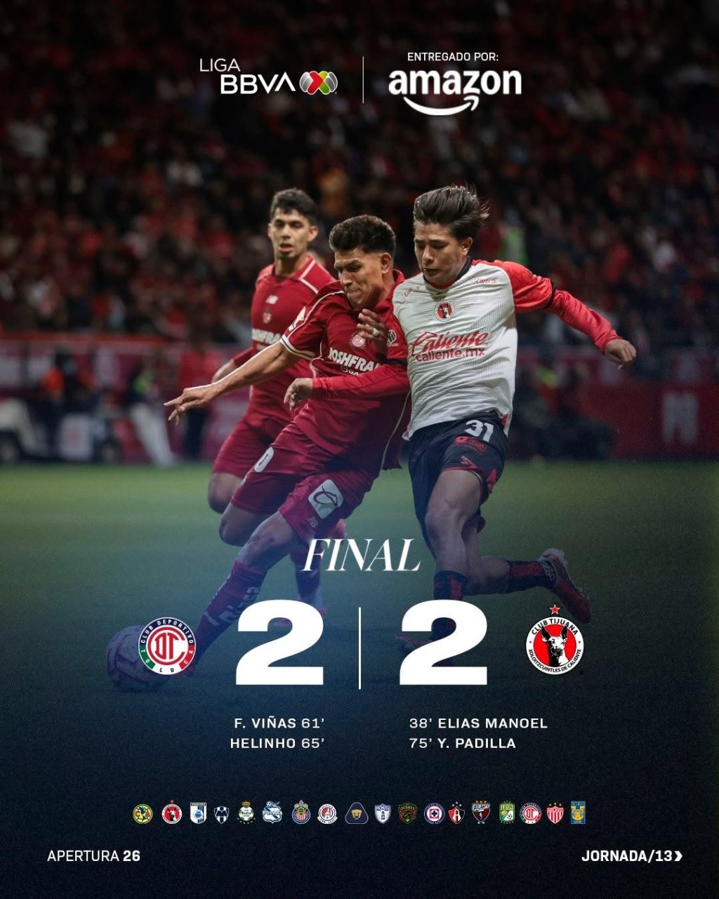 TOLUCA llega a 6 JUEGOS sin VICTORIA, tras EMPATAR 2-2 con XOLOS en la Jornada 13 del&nbsp;A26