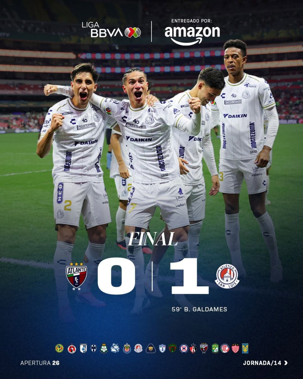 SAN LUIS ENFRÍA las ESPERANZAS de ATLANTE, tras VENCERLO 0-1 en la Jornada 14 del A26 de la Liga&nbsp;MX