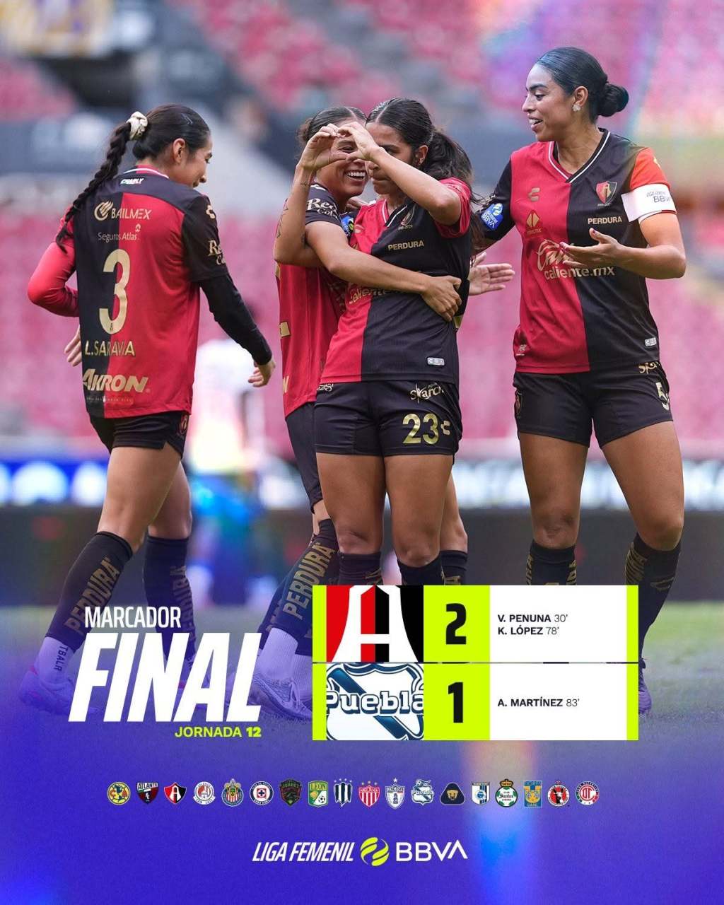 ATLAS FEMENIL BUSCA METERSE a LIGUILLA, TRAS VENCER 2-1 a PUEBLA en partido de la FECHA 12 del&nbsp;A26